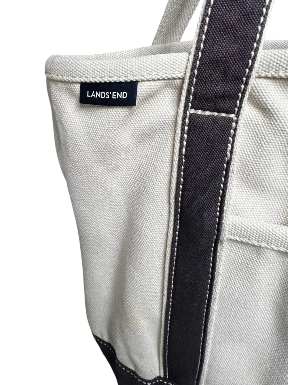 🌻Lands' End Medium Canvas Tote Bag Natural Navy Blue 5 Pocket Open Top Carryall